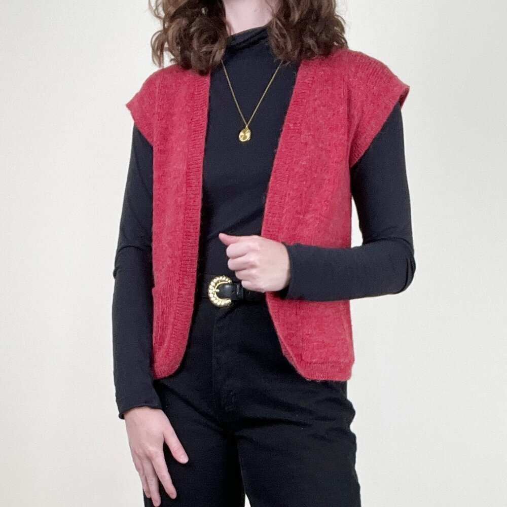Vintage French Knit Sweater Vest Wool Open Front Wrap Parisian Cardigan 80s 90s